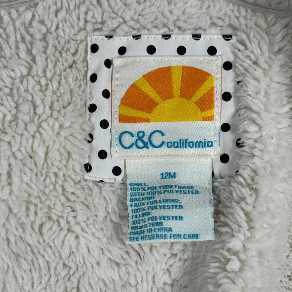 C&C California‎ Kids Rain Jacket 12M White Black Polka Dot Pompom Hooded Coat
